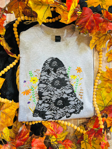 Lace Embroidered Ghost-black lace & black thread
