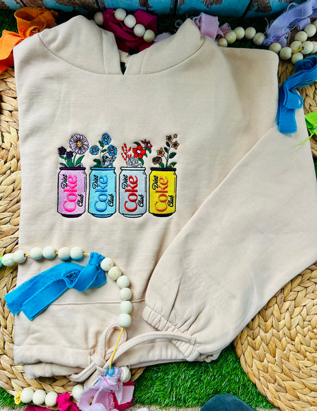 Flower club embroidery-Long Crop Hooded Sweatshirt or Crewneck